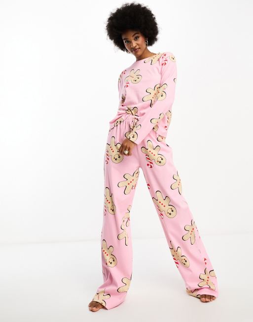 ASOS DESIGN Tall Christmas gingerbread long sleeve top & pants pajama set  in pink