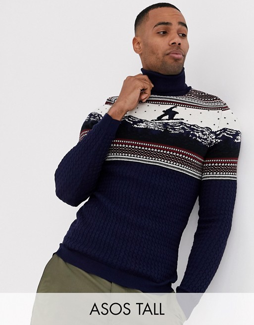 ASOS DESIGN Tall christmas jumper with roll neck in xmas scene