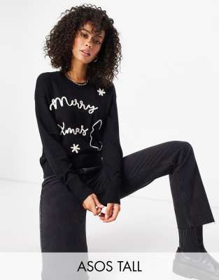 ASOS DESIGN Tall Christmas sweater with embroidered slogan in black