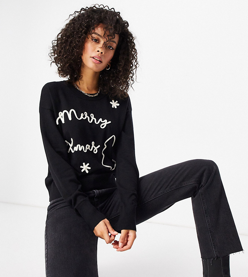 ASOS DESIGN Tall Christmas sweater with embroidered slogan in black