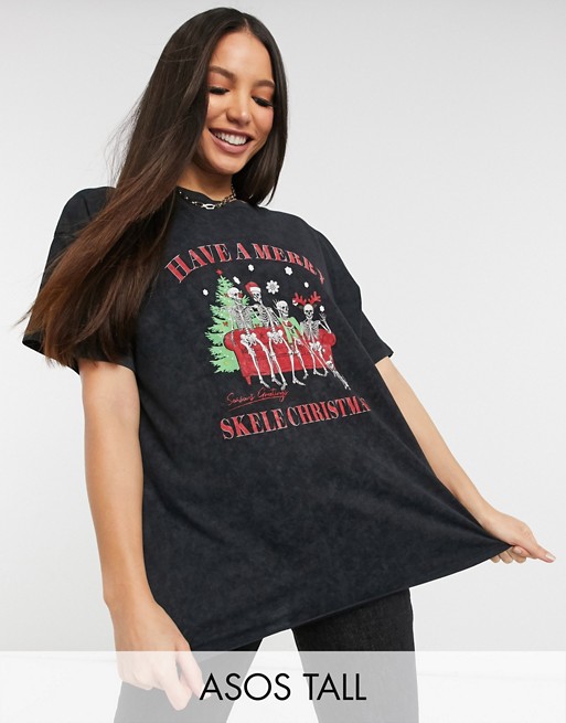 ASOS DESIGN Tall christmas t-shirt with skele family christmas motif in washed black