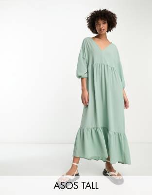 Asos Tall Asos Design Tall Chuck On Smock Midi Dress In Light Sage-green