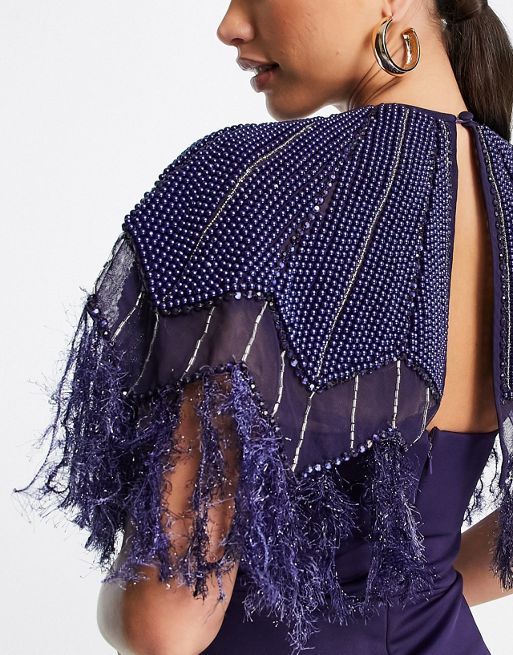 ASOS DESIGN Tall – Ciemnoniebieska sukienka z materiału nurek ze  zdobieniami z pereł i piór | ASOS