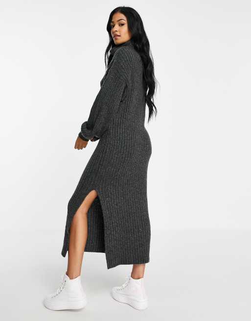 ASOS DESIGN Tall – Ciemnoszara prążkowana sukienka midi z drapowanym dekoltem, 4 z 4