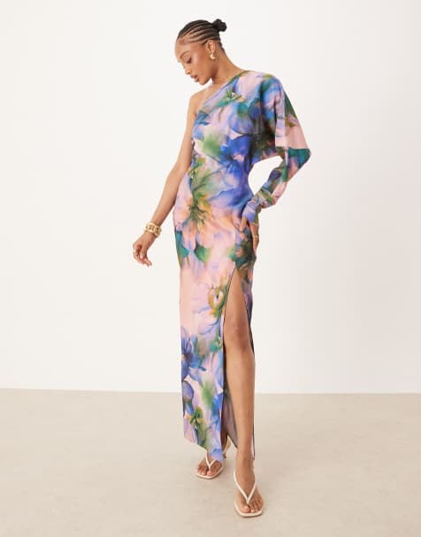 ASOS DESIGN Tall – Ciemnozielona drapowana sukienka midaxi na jedno ramię w kwiatowy wzór - view 1