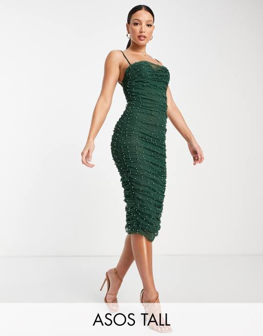 ASOS DESIGN Tall – Ciemnozielona marszczona sukienka bodycon na ramiączkach z siateczki zdobionej perłami