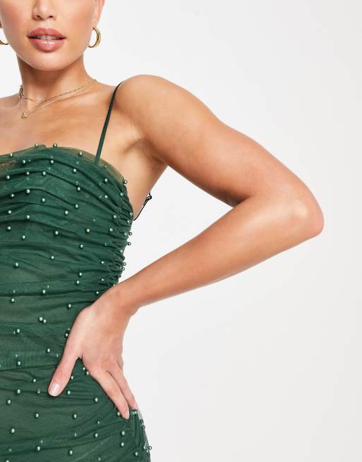 ASOS DESIGN Tall – Ciemnozielona marszczona sukienka bodycon na ramiączkach  z siateczki zdobionej perłami | ASOS