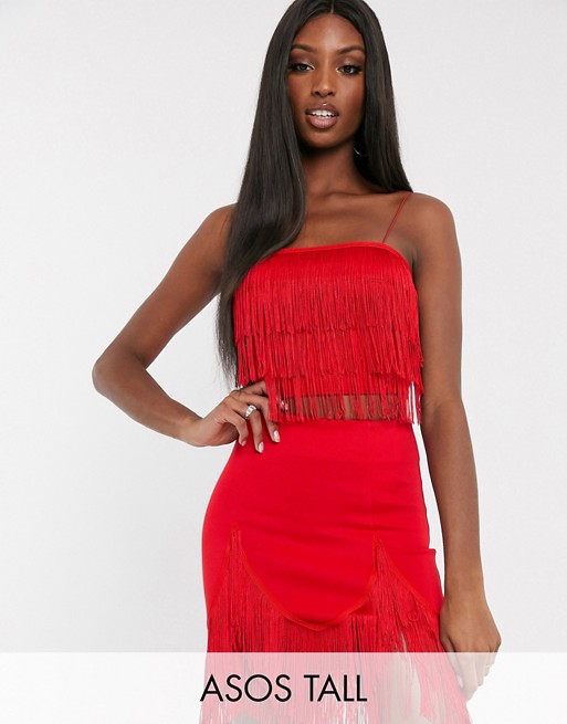 ASOS DESIGN Tall exclusive co-ord fringe crop in red