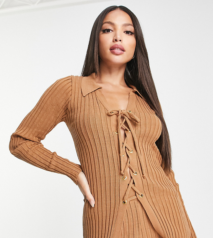 ASOS DESIGN Tall co-ord jumper with lace up detail and collar in camel-Neutral