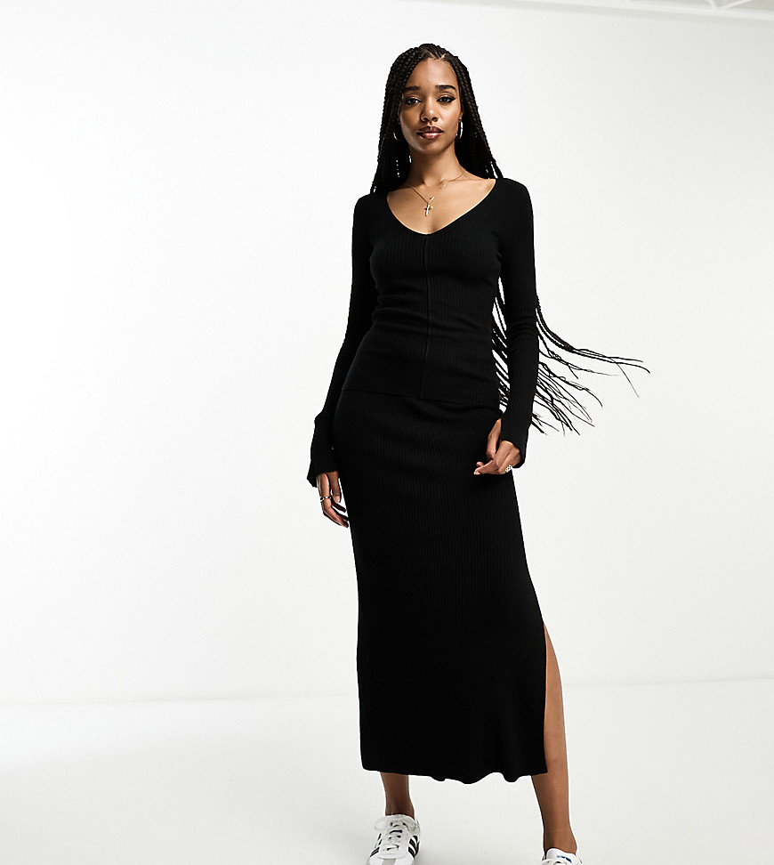 ASOS DESIGN Tall co-ord knitted rib midi skirt in black