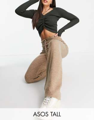 ASOS Tall ASOS DESIGN Tall co-ord knitted wide leg trouser in taupe-Neutral