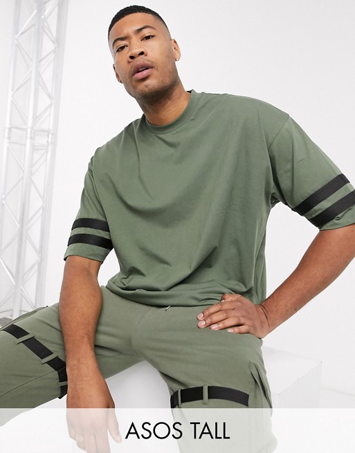 ASOS DESIGN Tall co-ord oversized t-shirt with contrast taping in khaki