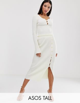 ASOS DESIGN Tall co-ord rib knit midi skirt-Cream