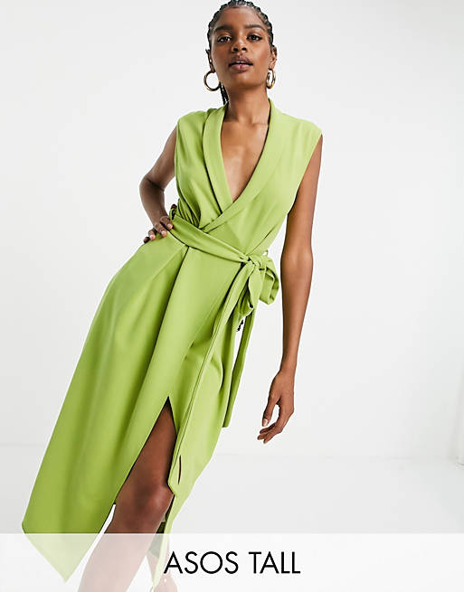 Women Tall collar wrap skater midi dress with belt in olive 