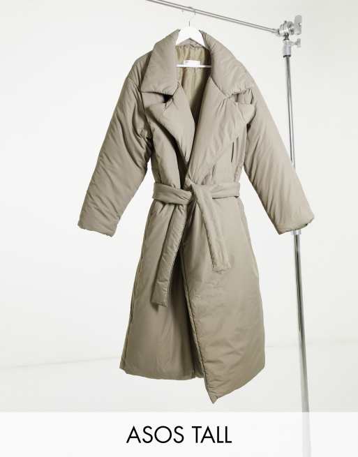 ASOS DESIGN Tall collared belted puffer maxi coat in hazelnut