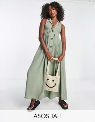 Asos Design Tall Collared Button Through Midi Smock Dress In Khaki-Green