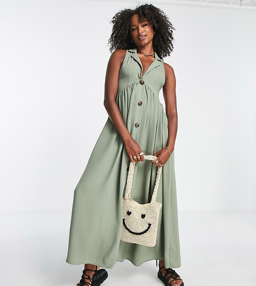 ASOS DESIGN Tall collared button through midi smock dress in khaki-Green