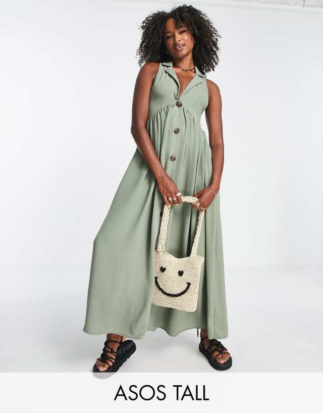 ASOS DESIGN Tall collared button through midi smock dress in khaki