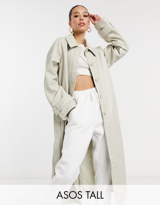 ASOS DESIGN Tall collared faux leather trench coat in putty ASOS