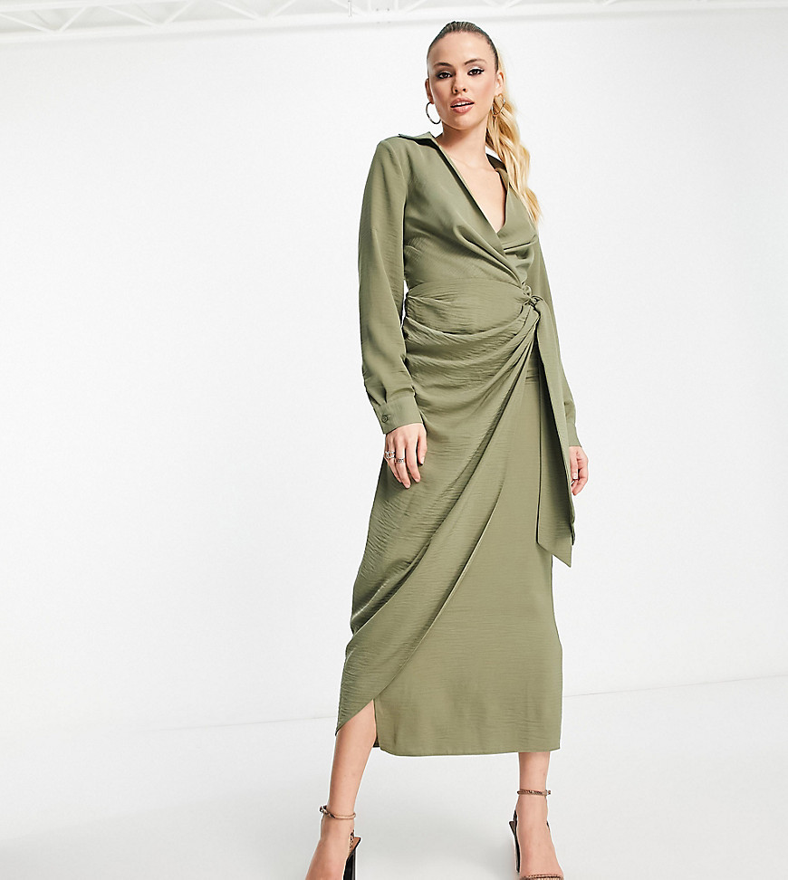Asos Tall Asos Design Tall Collared Midi Dress Ruched Tie Waist In Khaki-green
