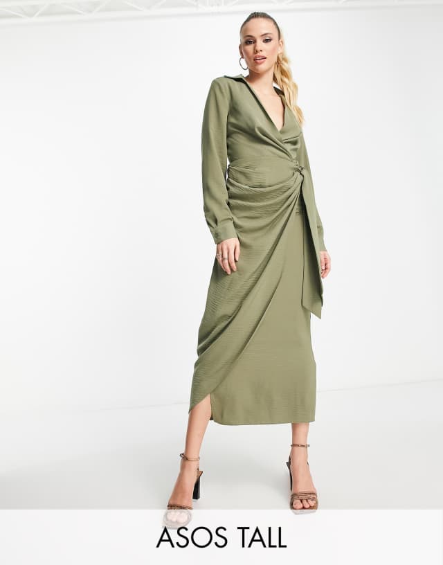 ASOS DESIGN Tall collared midi dress ruched tie waist in khaki