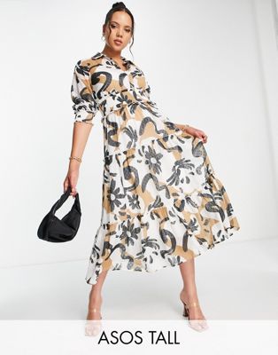 ASOS DESIGN Tall collared tiered midi dress with shirred waist in abstract floral  - ASOS Price Checker