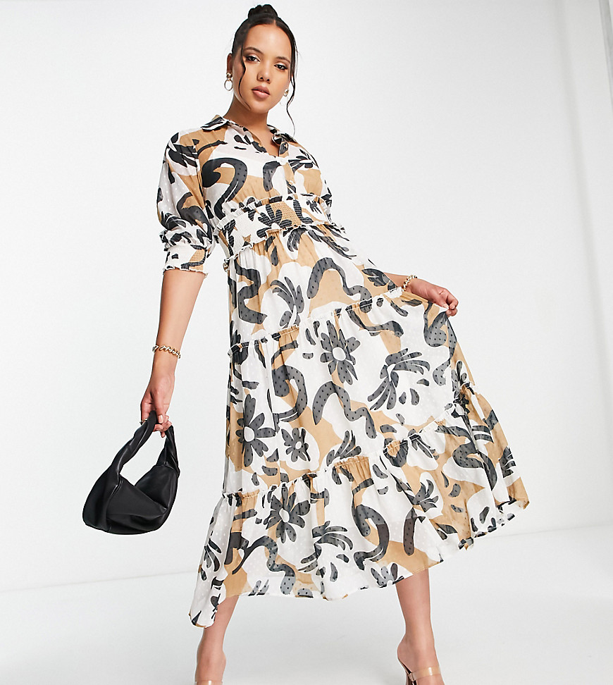 Asos Tall Asos Design Tall Collared Tiered Midi Dress With Shirred Waist In Abstract Floral-multi