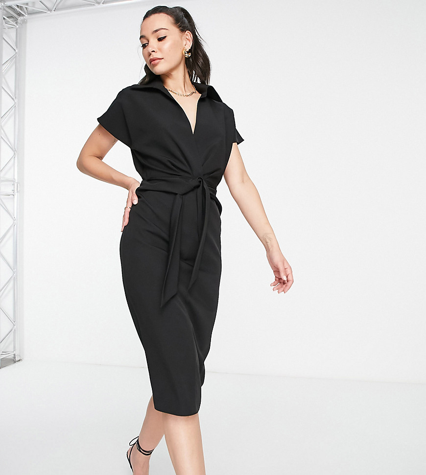 Asos Tall Asos Design Tall Collared Wrap Front Midi Dress With Knot In Black