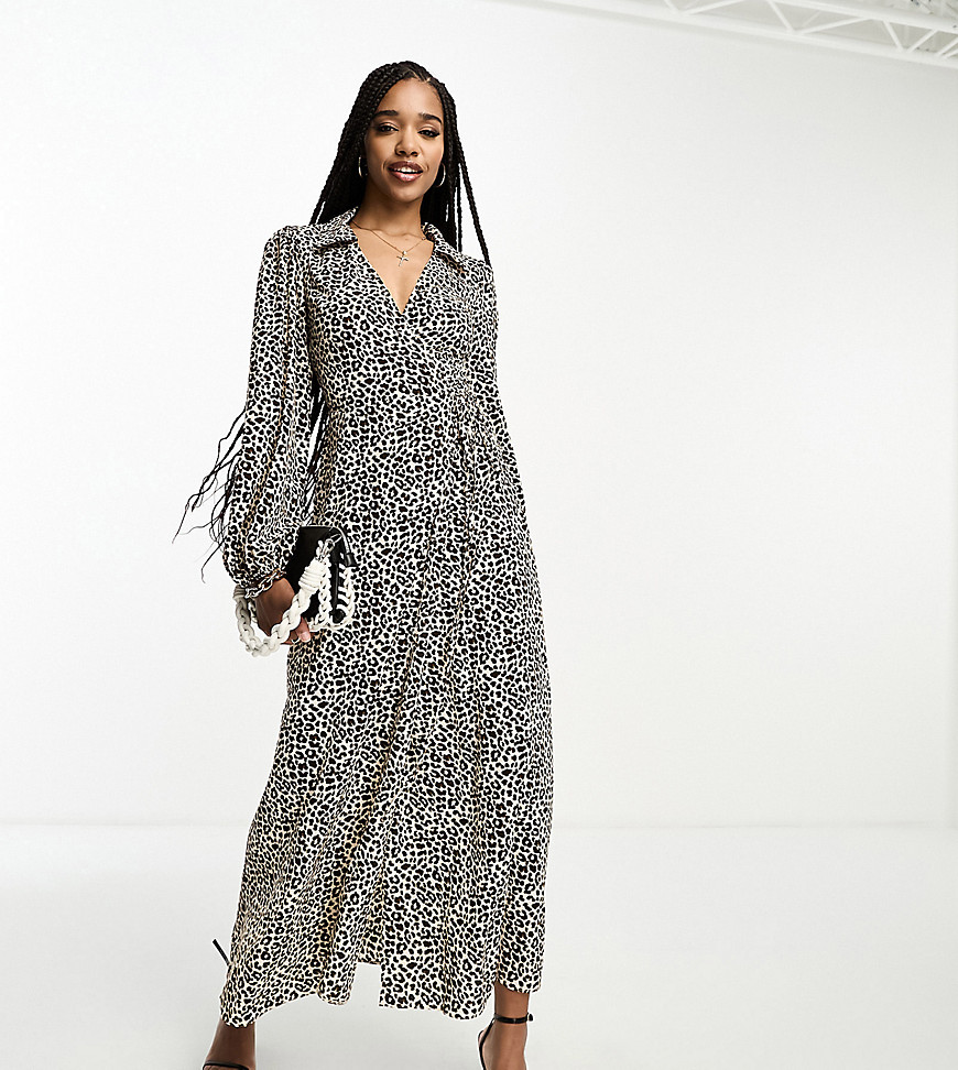 ASOS DESIGN Tall collared wrap midi dress in leopard print-Multi