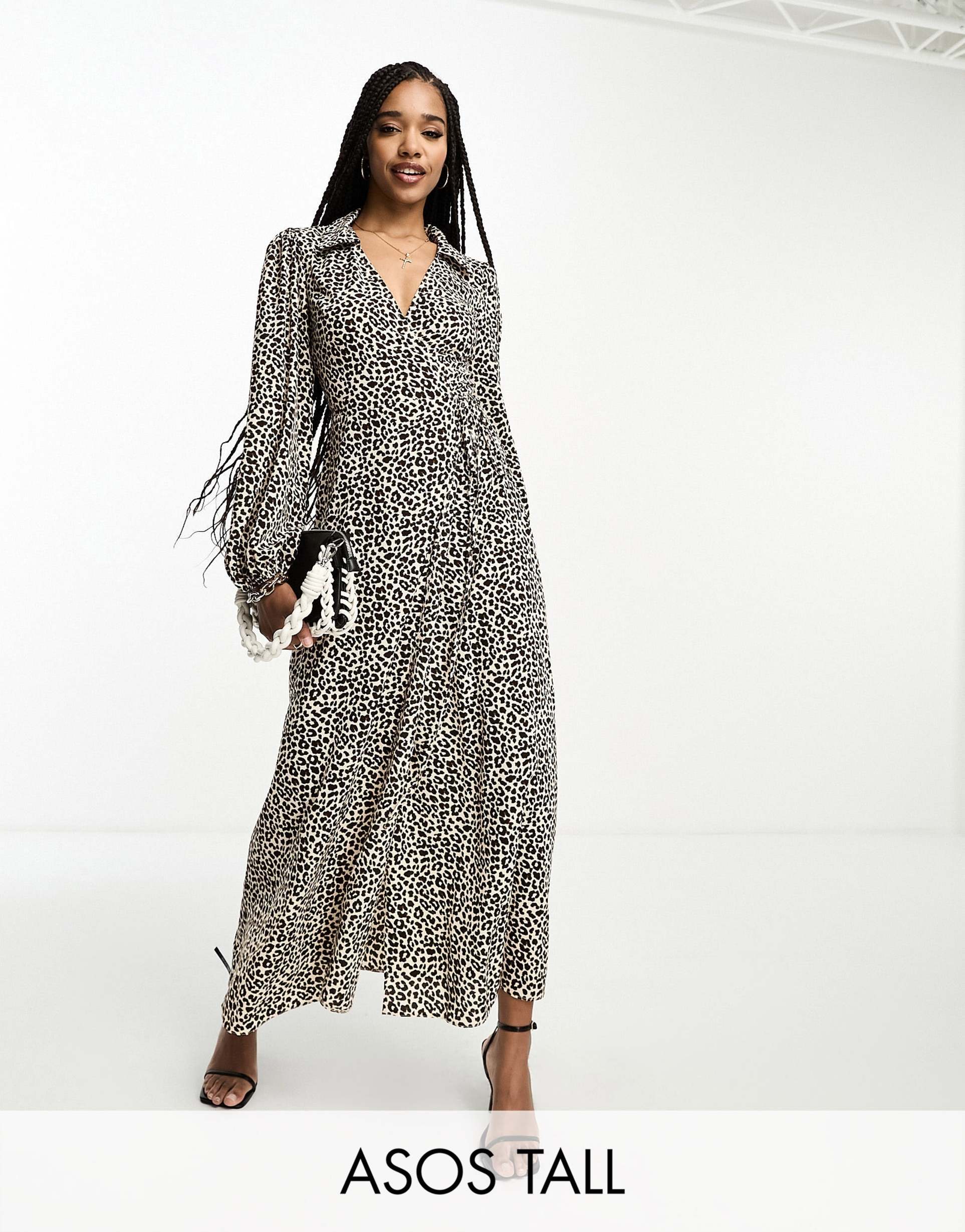 asos design tall collared wrap midi dress in leopard print