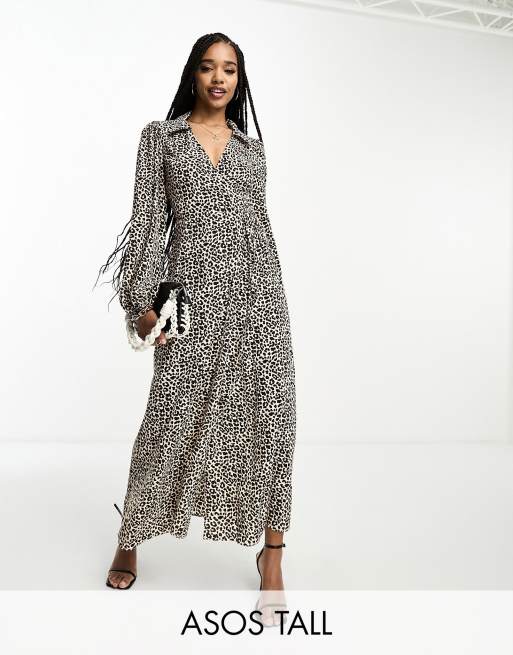 ASOS DESIGN Tall collared wrap midi dress in leopard print ASOS