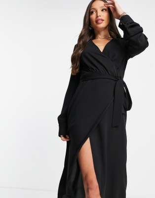 ASOS DESIGN Tall collared wrap midi dress with tie belt in black | ASOS