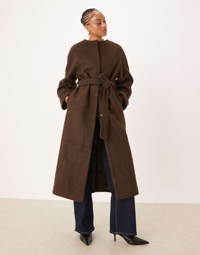 ASOS DESIGN Tall collarless boucle longline formal coat in bitter chocolate