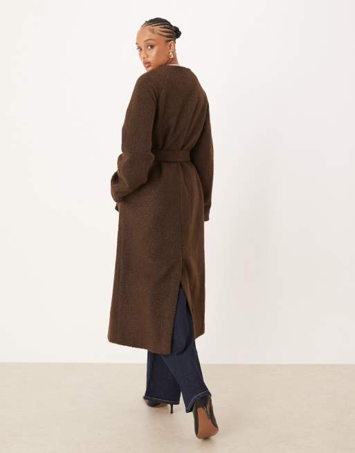 ASOS DESIGN Tall collarless boucle longline formal coat in bitter chocolate