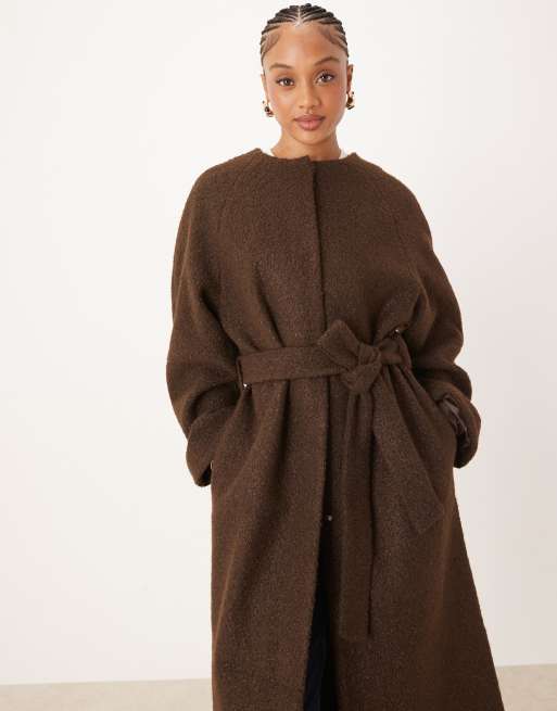 ASOS DESIGN Tall collarless boucle longline formal coat in bitter chocolate