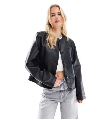 ASOS DESIGN Tall collarless clean leather look jacket in black