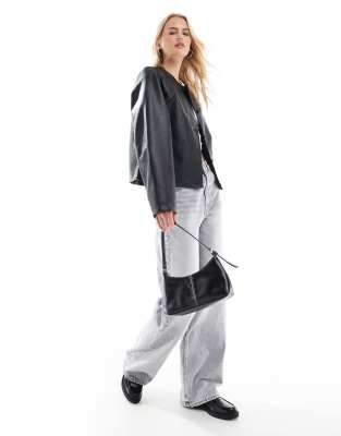 ASOS TALL ASOS DESIGN TALL COLLARLESS CLEAN LEATHER LOOK JACKET 