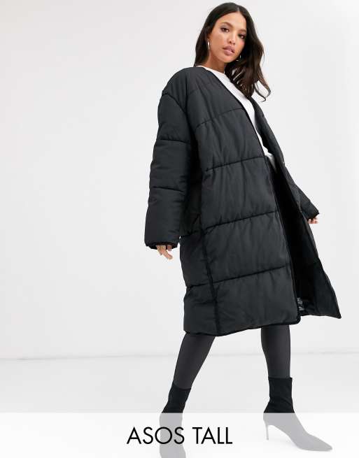 ASOS DESIGN Tall collarless padded coat in black | ASOS