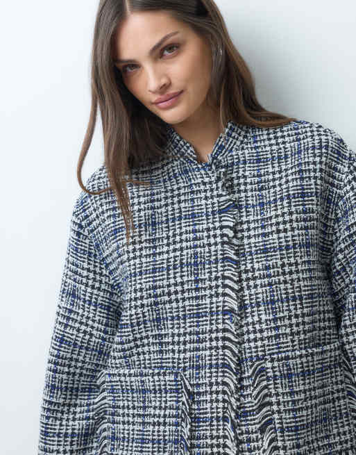 ASOS DESIGN Tall collarless wool look boucle jacket in black and white check, 2 of 4