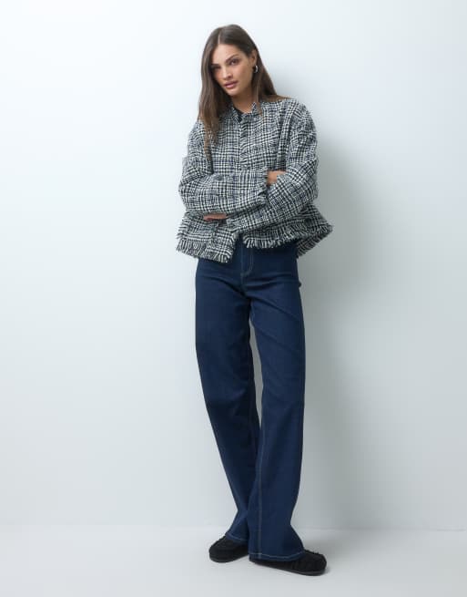 ASOS DESIGN Tall collarless wool look boucle jacket in black and white check, 3 of 4