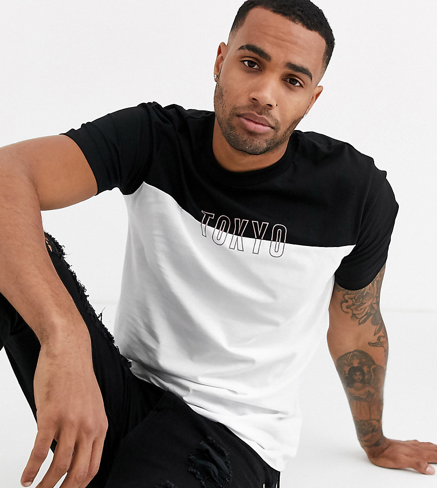 ASOS DESIGN Tall colour block t-shirt with city chest embroidery-White