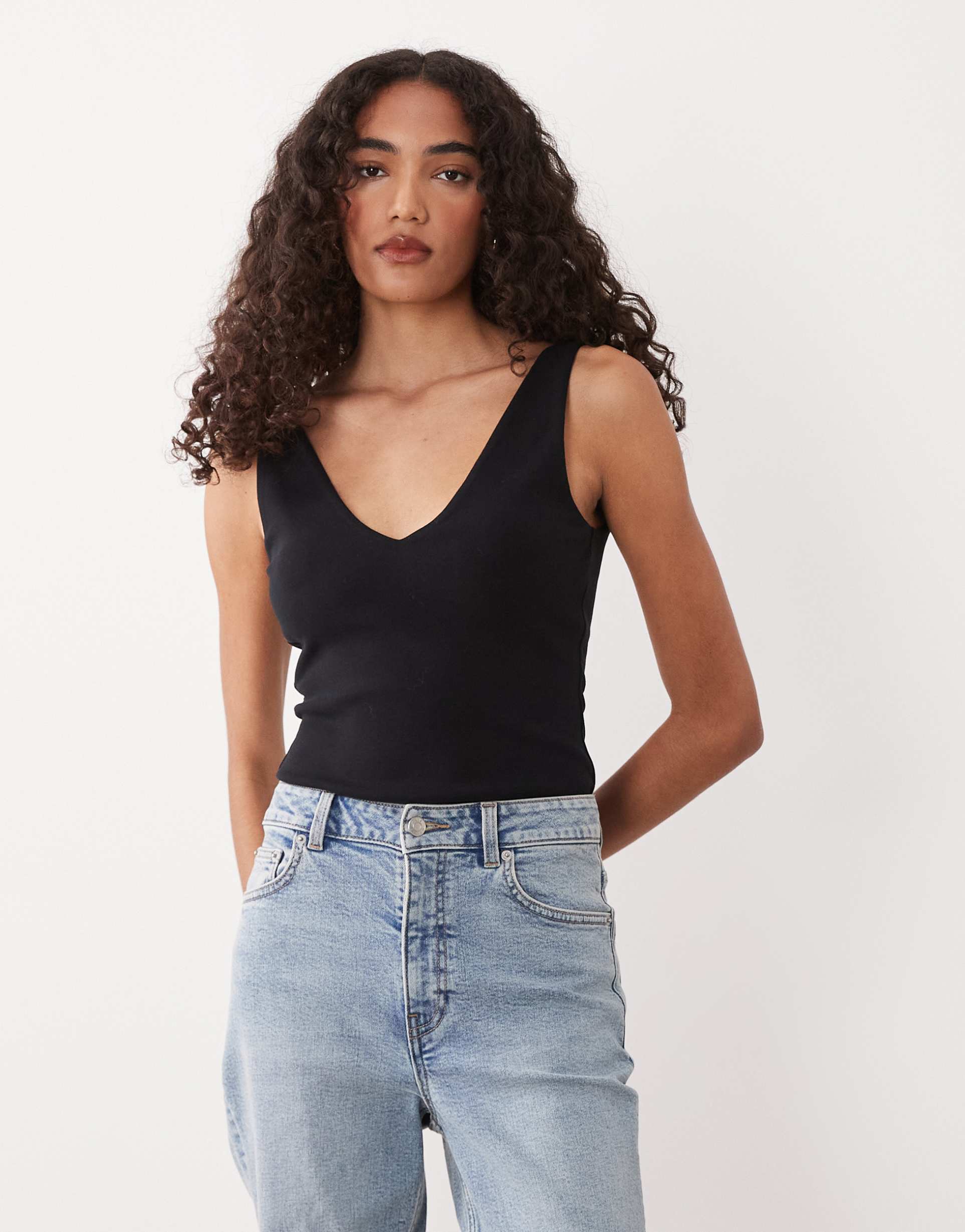 asos design tall compact cotton blend v-neck bodysuit in black