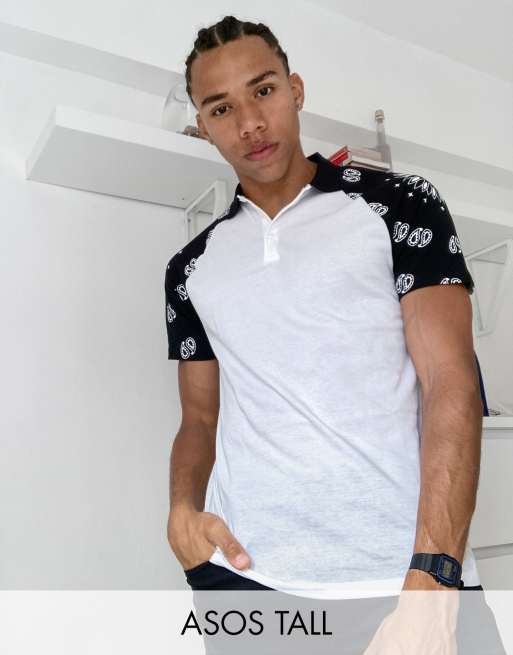 ASOS DESIGN Tall contrast raglan polo with bandana print
