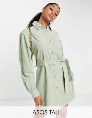 ASOS DESIGN Tall cord belted shirt dress in sage