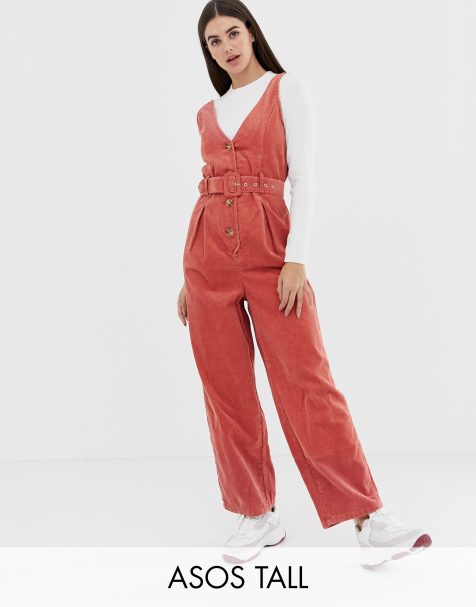 ASOS DESIGN Tall cord button through belted jumpsuit in red brick