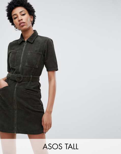 ASOS DESIGN Tall cord mini dress with tortiseshell belt in khaki
