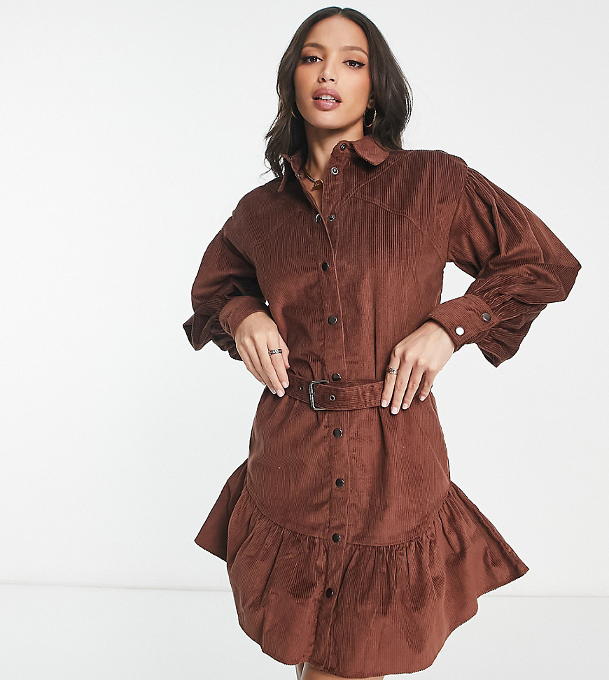 ASOS DESIGN Tall cord mini shirt dress with buckle in brown-Multi