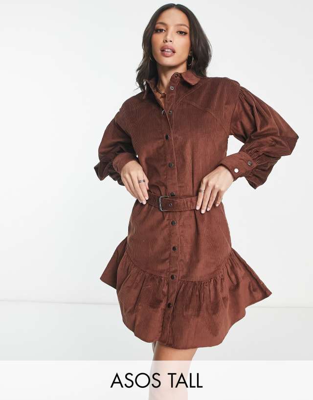 ASOS DESIGN Tall cord mini shirt dress with buckle in brown