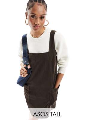 Asos Design Cord Pinny Dress In Chocolate-brown In Brown
