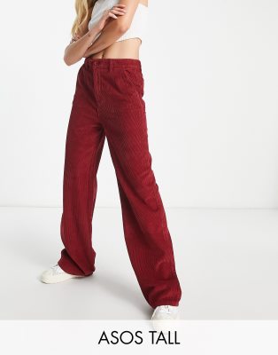 ASOS DESIGN Tall cord slouchy dad trouser in burgundy-Red